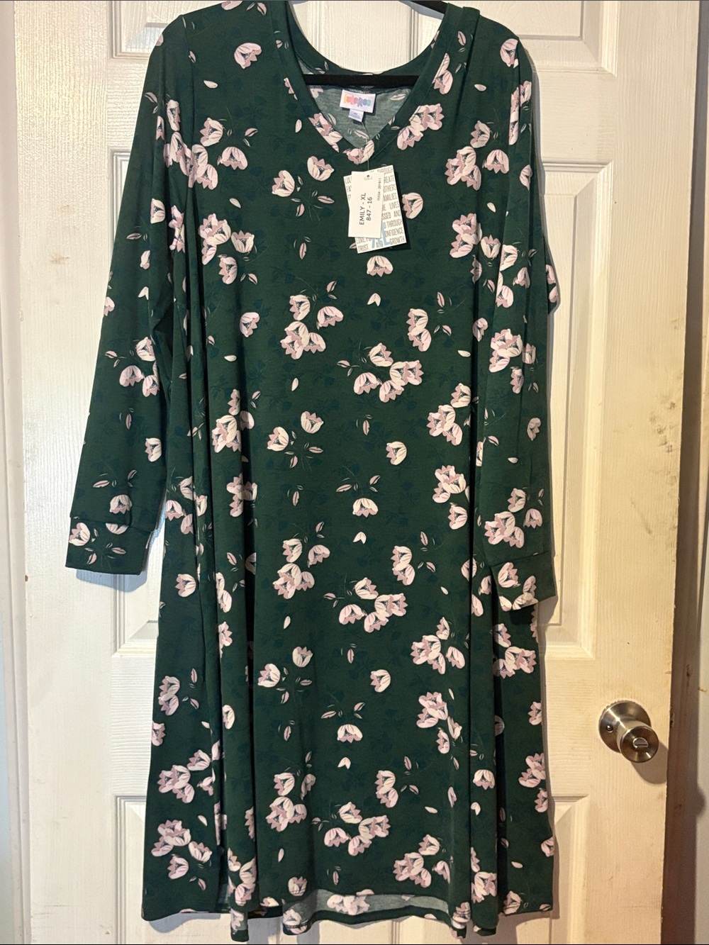 LuLaRoe Emily Dark Green Dress with Light Pink Floral Print